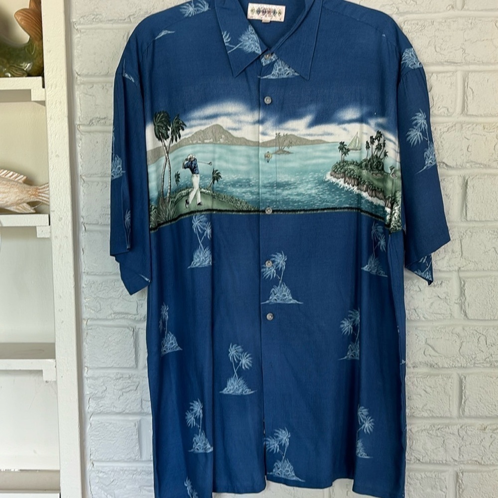 Campia Moda Casual Short Sleeve Button Hawaiian Style Golf Scenic Shirt Size L